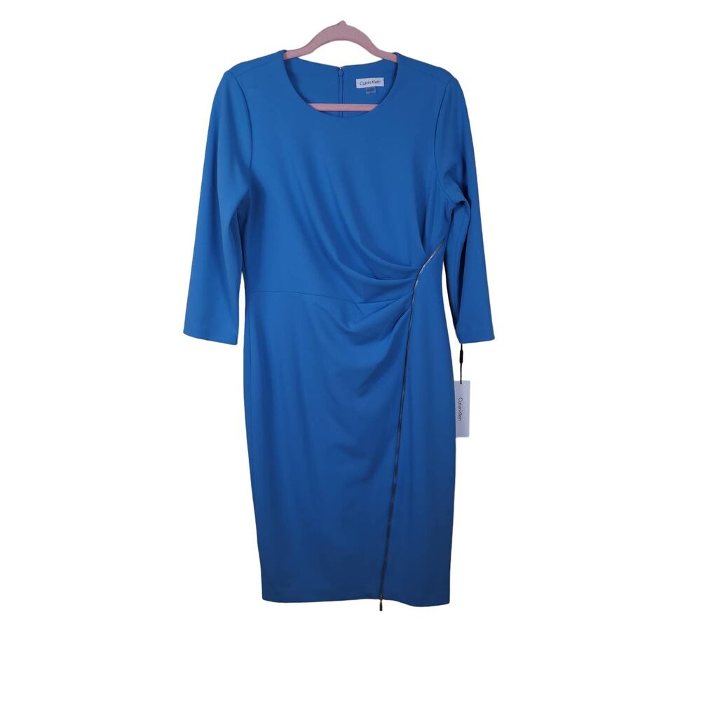 Calvin Klein Crewneck Zipper-Detail Sheath Dress in Blue Size 12